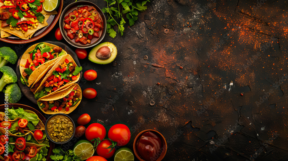 top view flat lay tacos, nachos, enchiladas, guacamole, and salsa, popular Mexican dishes with copy space. top view flat lay tacos, nachos, enchiladas, guacamole, and salsa, popular Mexican dishes with copy space.