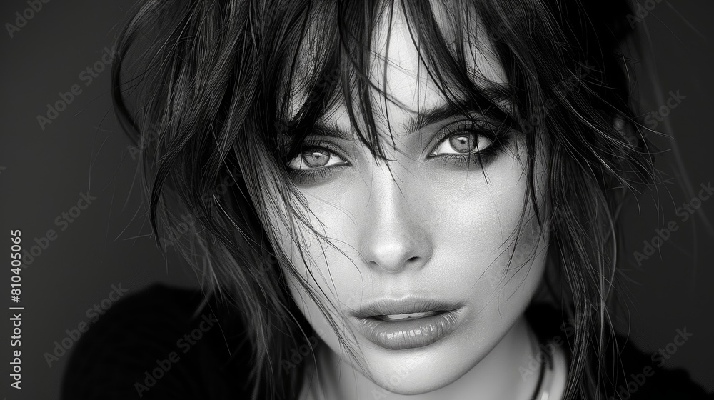A stunning monochrome portrait of a young woman with intense eyes and tousled hair, conveying deep emotion and a sense of mystery A stunning monochrome portrait of a young woman with intense eyes and tousled hair, conveying deep emotion and a sense of mystery