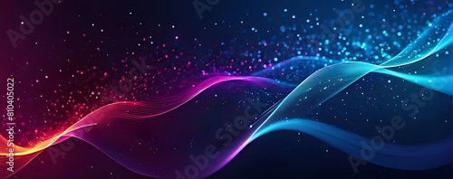 Digital background for tech, AI, data, audio, graphics. Abstract colorful digital particles wave with bokeh and light background, 3d render wave line dot background, line wave light glowing effect