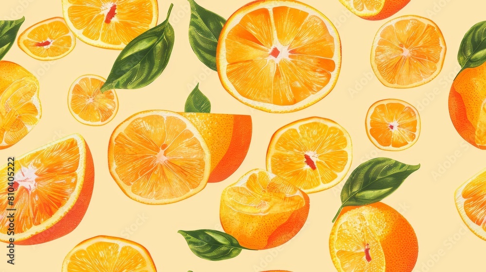 Vibrant orange slices and whole oranges, arranged in a fun repeating tile pattern, set against a bright yellow pastel background Vibrant orange slices and whole oranges, arranged in a fun repeating tile pattern, set against a bright yellow pastel background