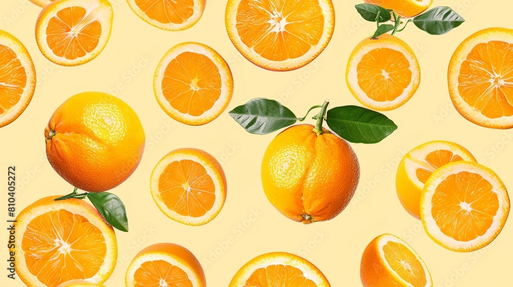 Vibrant orange slices and whole oranges, arranged in a fun repeating tile pattern, set against a bright yellow pastel background Vibrant orange slices and whole oranges, arranged in a fun repeating tile pattern, set against a bright yellow pastel background