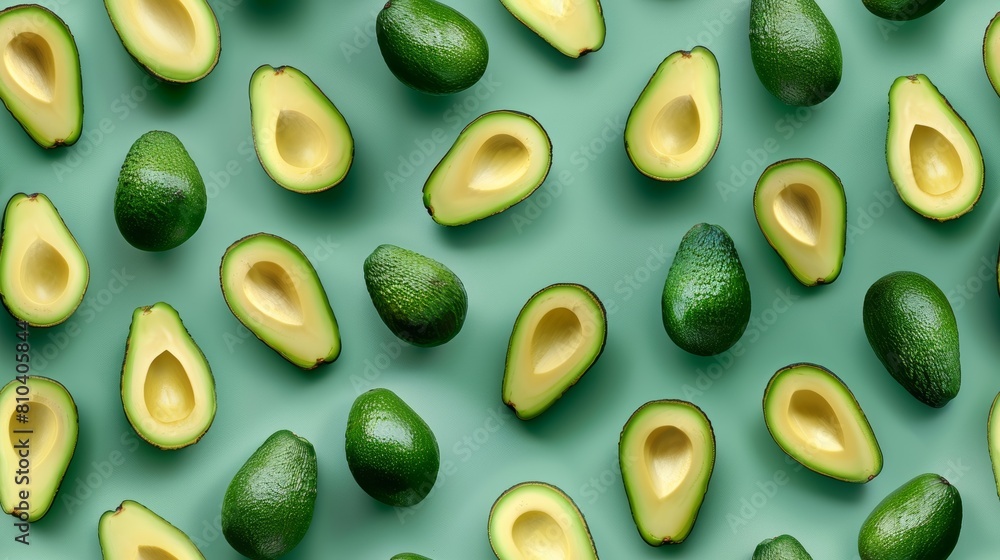 Unique close-up view of whole and sliced avocados forming an intricate pattern on a bright greenish-blue backdrop, isolated Unique close-up view of whole and sliced avocados forming an intricate pattern on a bright greenish-blue backdrop, isolated