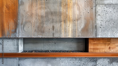 Unique close view of a fireplace, contrasting wood and concrete textures merging into a visually captivating modern design