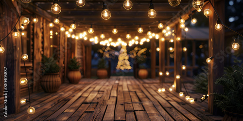 A wooden deck adorned with twinkling lights