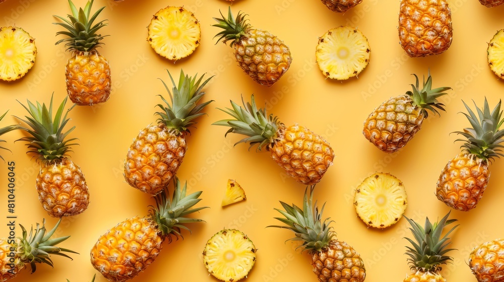 Top-down view of whole pineapples and slices forming a creative, fun pattern on a blue background, studio-lit, isolated setting Top-down view of whole pineapples and slices forming a creative, fun pattern on a blue background, studio-lit, isolated setting
