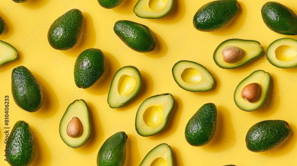 Top-down shot of whole and sliced avocados forming a playful pattern on a yellow pastel background, isolated for clarity with studio lights Top-down shot of whole and sliced avocados forming a playful pattern on a yellow pastel background, isolated for clarity with studio lights
