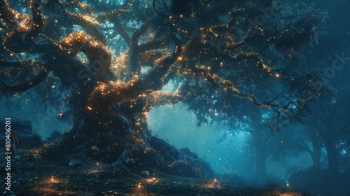 Enchanted Fairy Tree in Mystical Forest - Magical Nature Landscape with Bright Light and Dreamy Atmosphere.