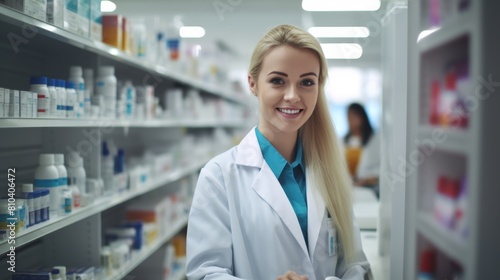 Smiling pharmacist in white coat standing in front of medicine shelves