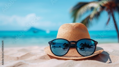 A close-up shot of a stylish straw hat and sunglasses resting on sandy beach under sunny sky, with clear blue ocean and palm trees in the background