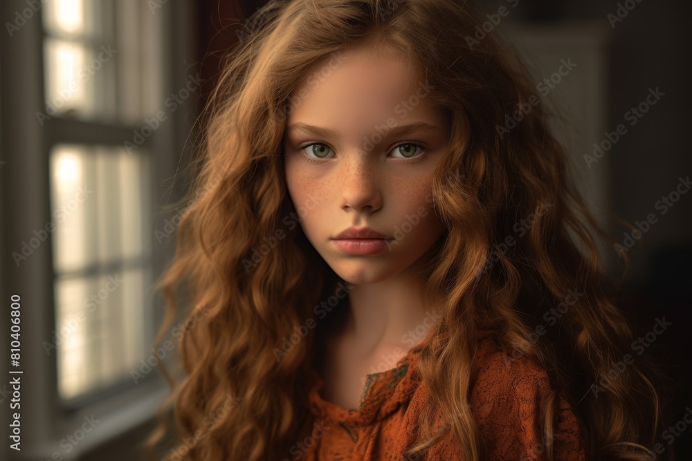 Thoughtful young woman with long curly hair Thoughtful young woman with long curly hair