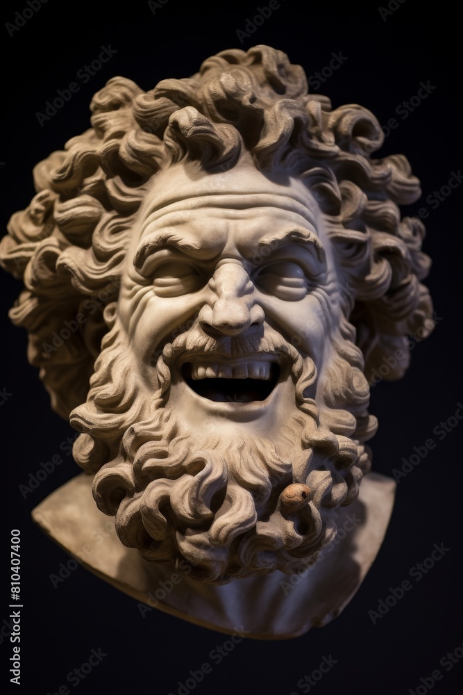 Expressive stone sculpture of a bearded man with a wide open mouth
