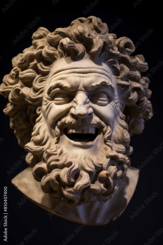 Fototapeta premium Expressive stone sculpture of a bearded man with a wide open mouth