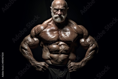 muscular senior man with beard posing shirtless