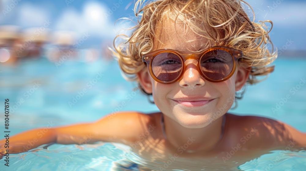 Naklejka premium Happy young boy with sunglasses enjoying a sunny day while swimming in crystal clear blue water, exuding a sense of carefree youth and aquatic fun