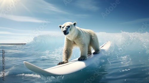 Polar bear catching the big one on his surfboard.