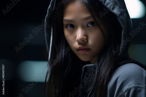 Pensive young asian girl in dark hoodie