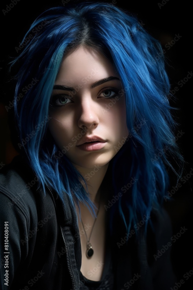 Mysterious woman with striking blue hair