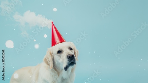Dog celebrating his birthday with hat and candy ,birthday background