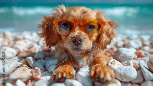 A cute spaniel puppy with glowing amber fur sporting funky yellow sunglasses, lounging on a pebbly beach with shimmering sea waves in the background, creating a refreshing summer vibe