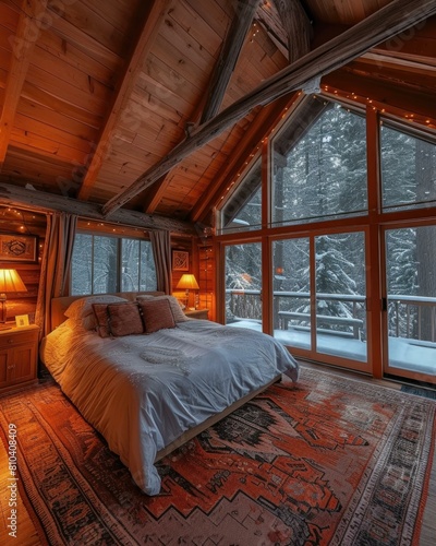 A cozy cabin in the woods is the perfect place to relax and enjoy the snow. AI. © serg3d