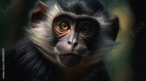 close-up portrait of a black and white colobus monkey photo