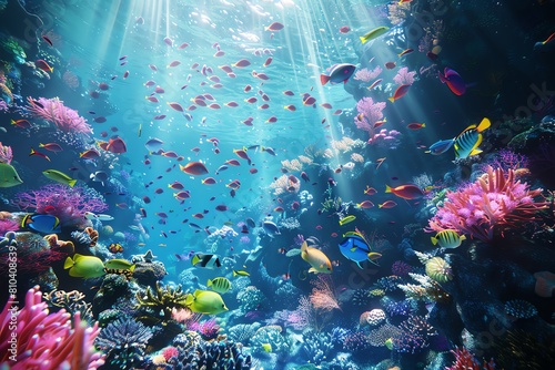 Underwater world. Colorful fishes swim near a coral reef in the deep blue ocean.
