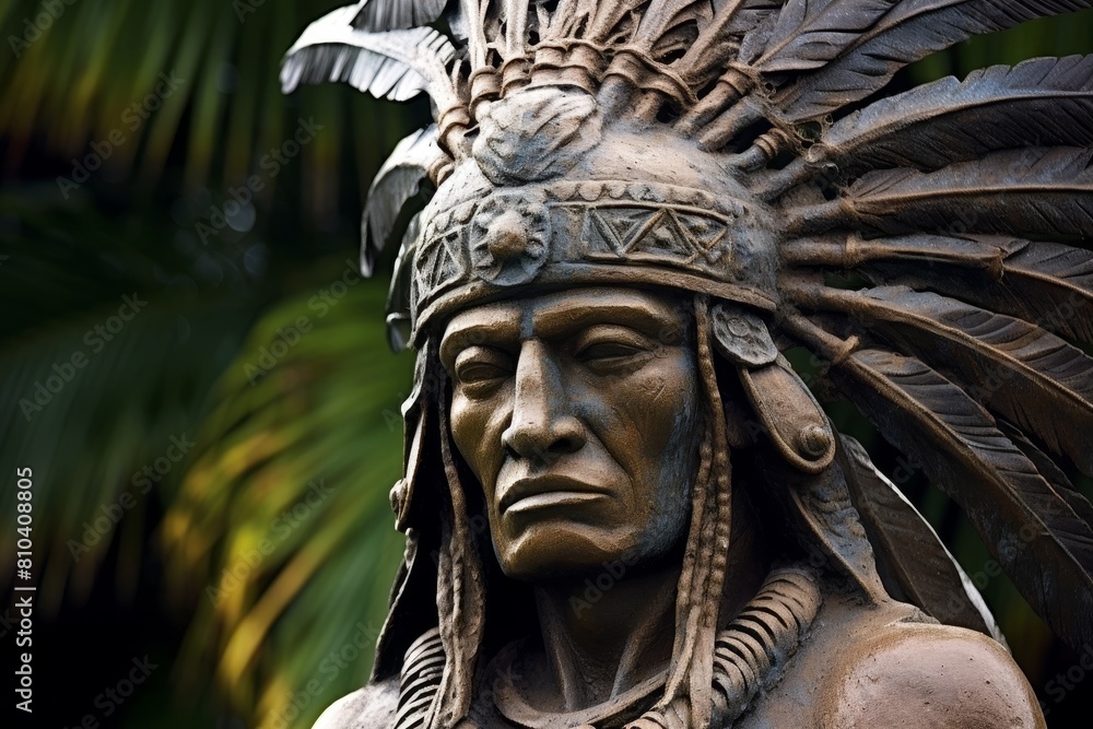 Detailed carved wooden statue of indigenous tribal leader