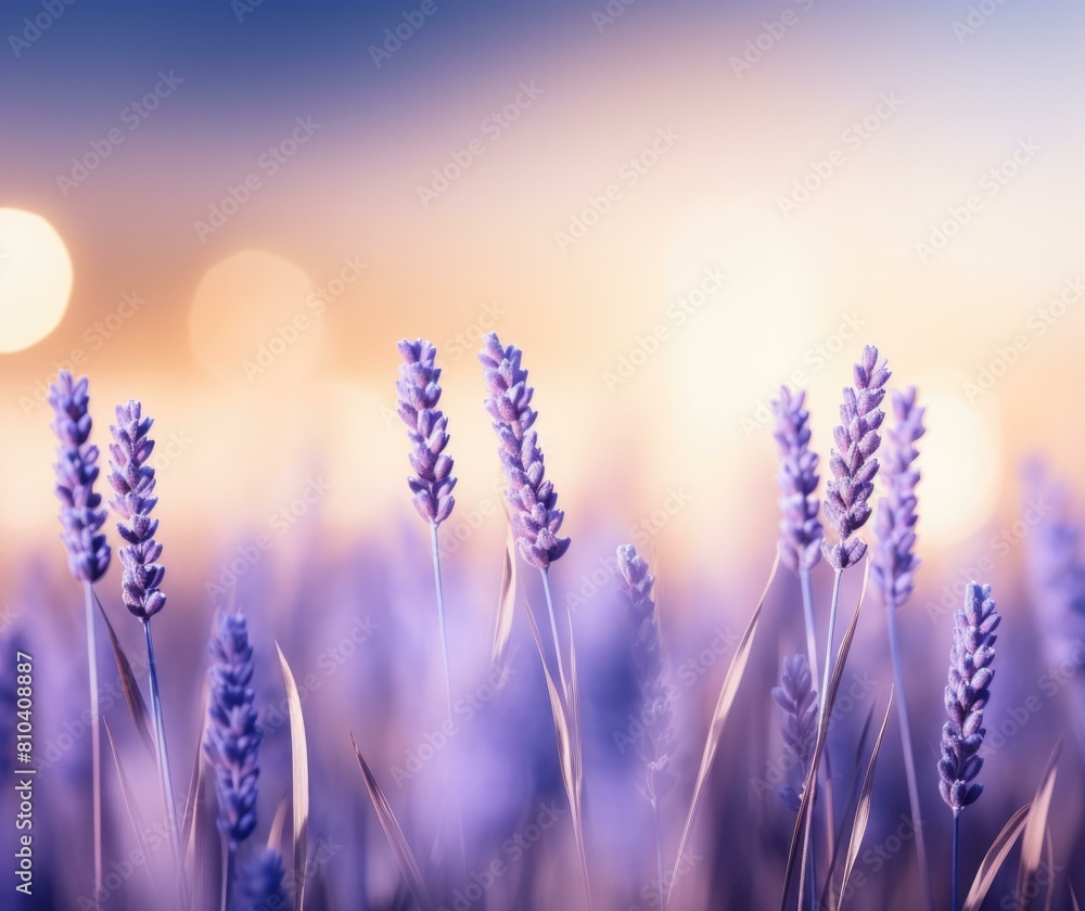 A field of lavender flowers in bloom at sunset. AI. A field of lavender flowers in bloom at sunset. AI.