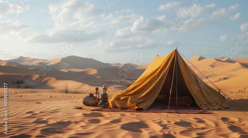 CAMPING IN THE MIDDLE OF THE DESERT on a beautiful sunset in high resolution and quality