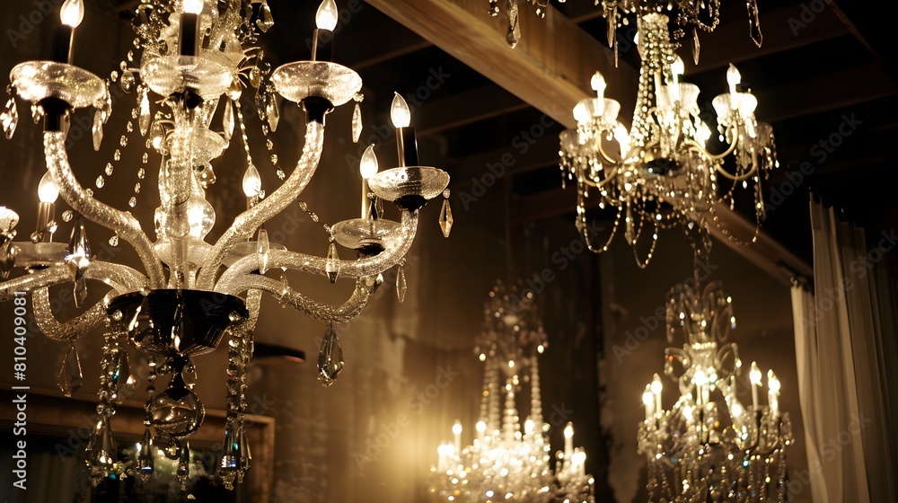 Crystal chandeliers hanging from the ceiling provide a warm and inviting glow Crystal chandeliers hanging from the ceiling provide a warm and inviting glow
