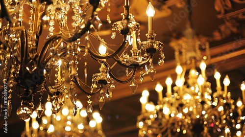 Crystal chandeliers hanging from the ceiling provide a warm and inviting glow