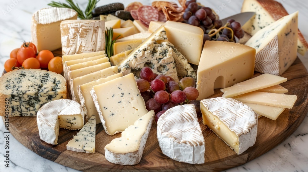 rich cheese board with variety with fruits and meat in high resolution