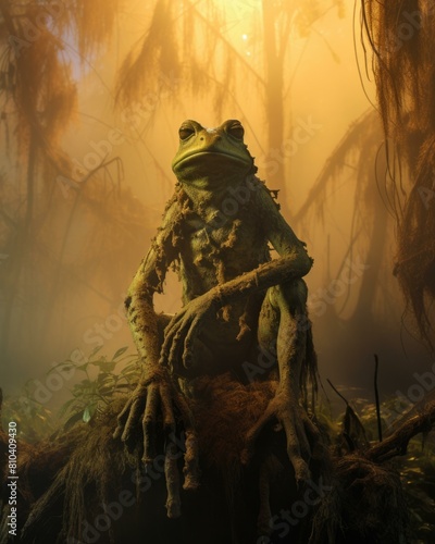A mystical frog sits on a log in a misty forest. AI.