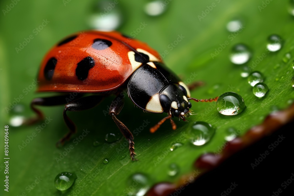 close-up of a ladybug on a leaf with water droplets close-up of a ladybug on a leaf with water droplets