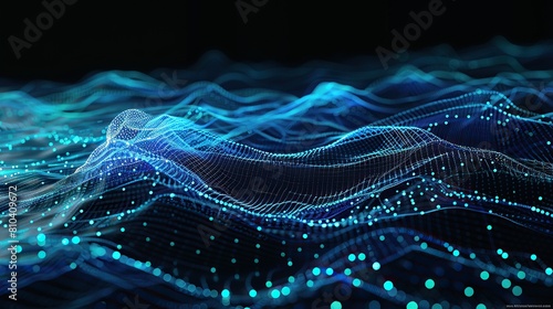An intricate digital mesh of electric blue and cyan connections on a black background resembling a high-tech ocean wave meticulously designed to include a text box in the lower right corner