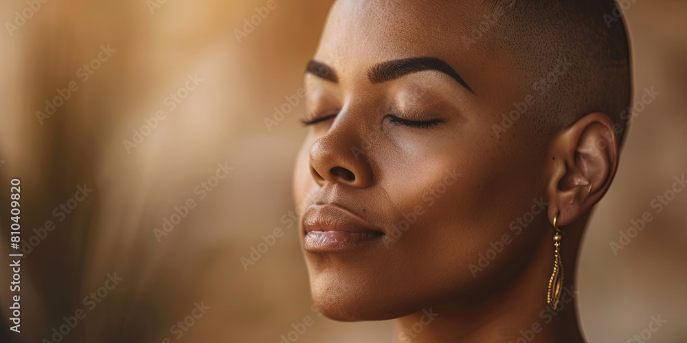 close up portrait of an African American woman with shaved hair, eyes closed and head tilted upwards in meditation, generative AI