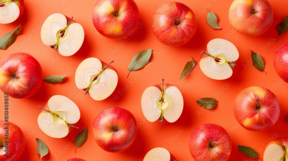 Top-down artistic pattern of apples and slices on a vivid orange background, isolated and well-lit to create a fun, tiled arrangement Top-down artistic pattern of apples and slices on a vivid orange background, isolated and well-lit to create a fun, tiled arrangement