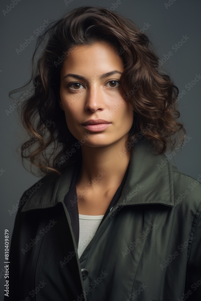 Confident woman with curly hair in green jacket Confident woman with curly hair in green jacket