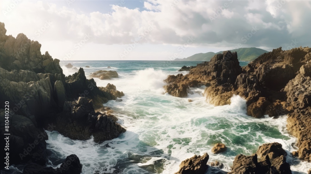 Obraz premium Dramatic rocky coastline with crashing waves