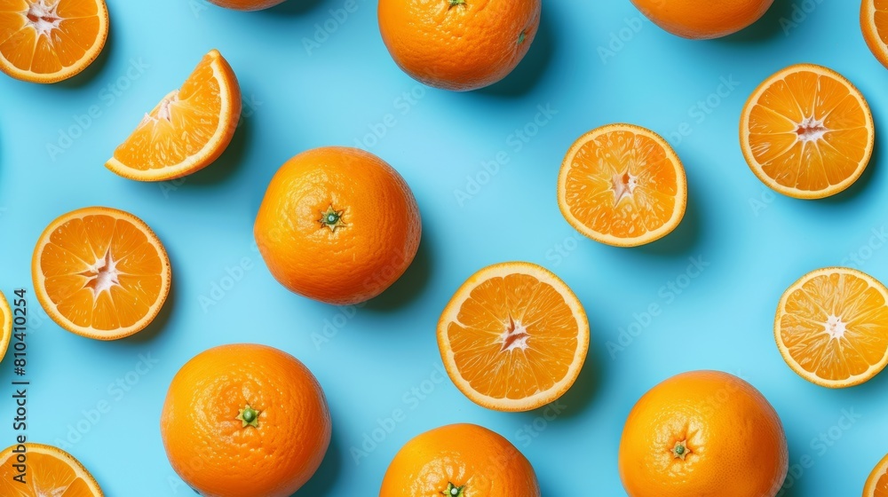 Tiled pattern of whole and sliced oranges, isolated on a bright cyan background, captured from above with studio lights Tiled pattern of whole and sliced oranges, isolated on a bright cyan background, captured from above with studio lights