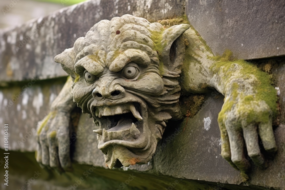 Weathered stone gargoyle statue with moss and lichen