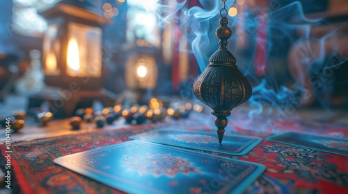 Divination Tools: Cartomancy Pendulum on Blurred Altar with Defocused Tarot Cards and Smoke photo