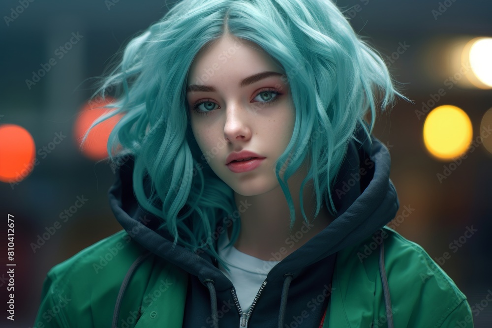 Striking portrait of a woman with vibrant teal hair Striking portrait of a woman with vibrant teal hair