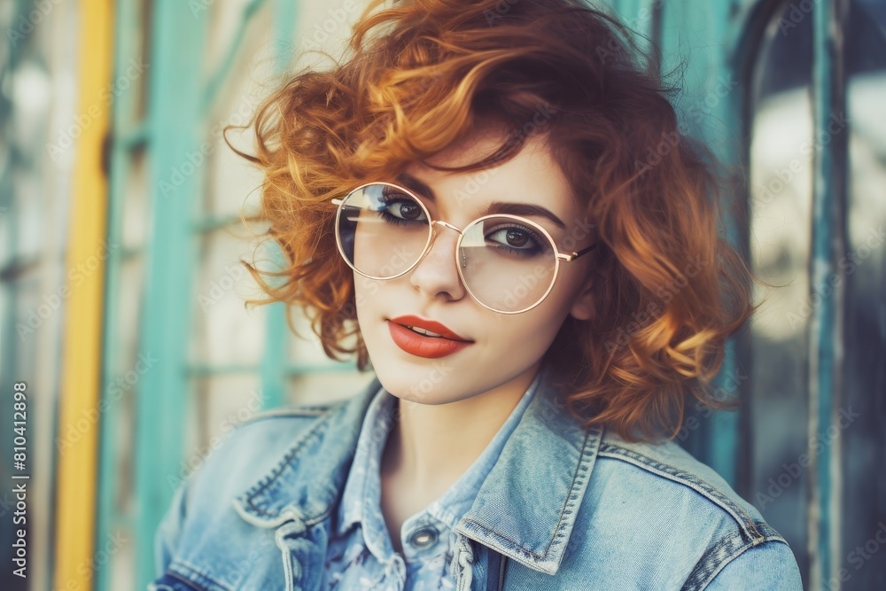 Stylish young woman with curly hair and glasses Stylish young woman with curly hair and glasses