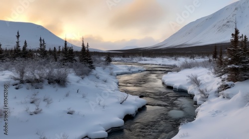 Serene winter landscape with snowy mountains and flowing stream