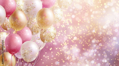 beautiful celebration background with balloons  gold  white and pink colors  glittery sparkly stars