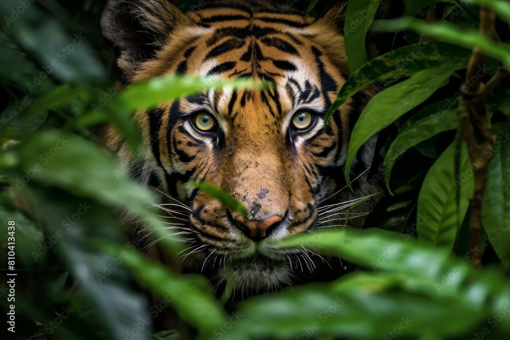 Captivating tiger peering through lush foliage Captivating tiger peering through lush foliage