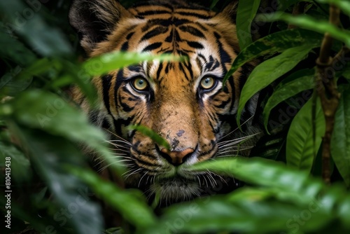 Captivating tiger peering through lush foliage