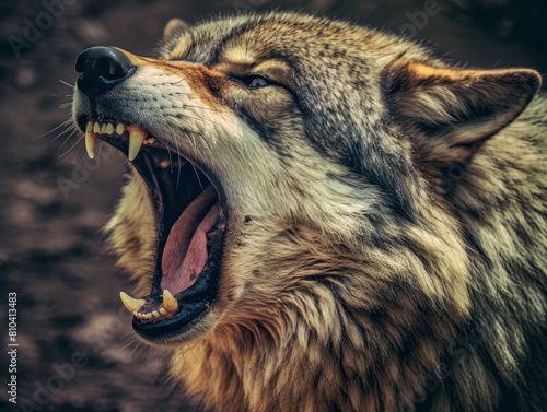 Fierce wolf growling with open mouth showing teeth