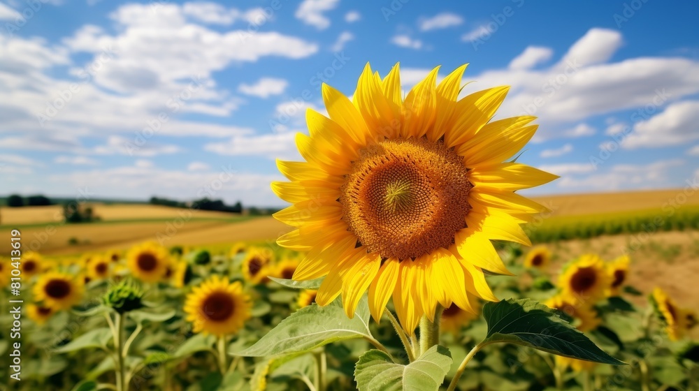 Vibrant sunflower field under blue sky